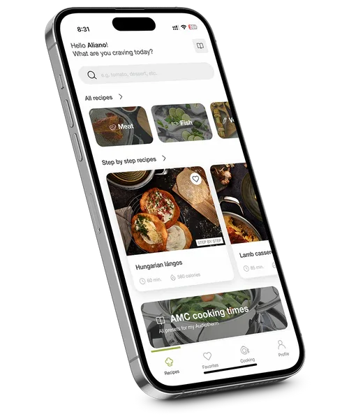 Cook & Go alkalmazás okostelefonon, mellette AMC Audiotherm vezérlő